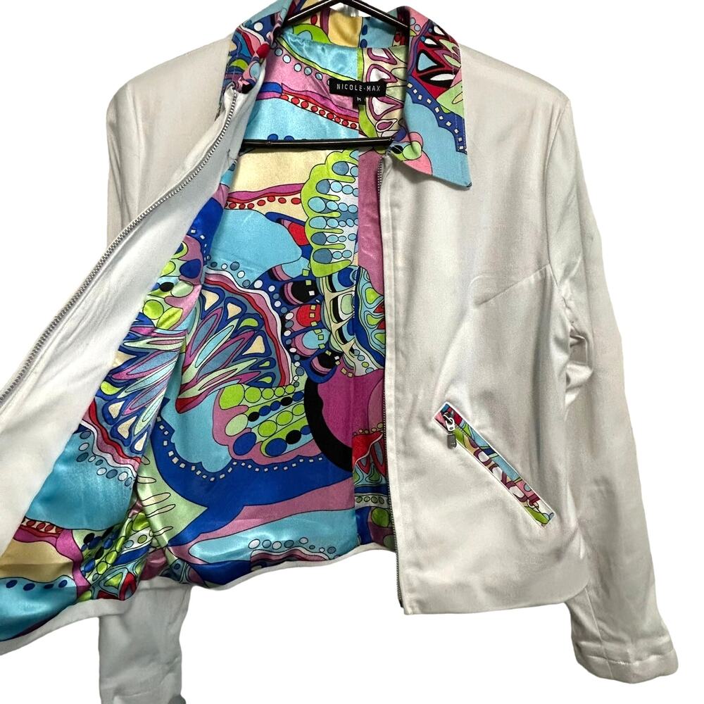Vintage Nicole Max White Zip Jacket M Psychedelic Satin Lining Pucci Style 90s